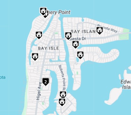 Map view of expired listings in an MLS, with property markers across a Sarasota waterfront neighborhood